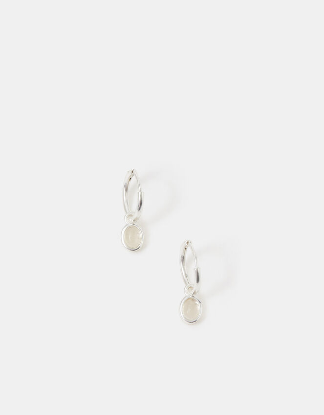 Sterling Silver Healing Stone Hoop Earrings, Clear (CLEAR), large