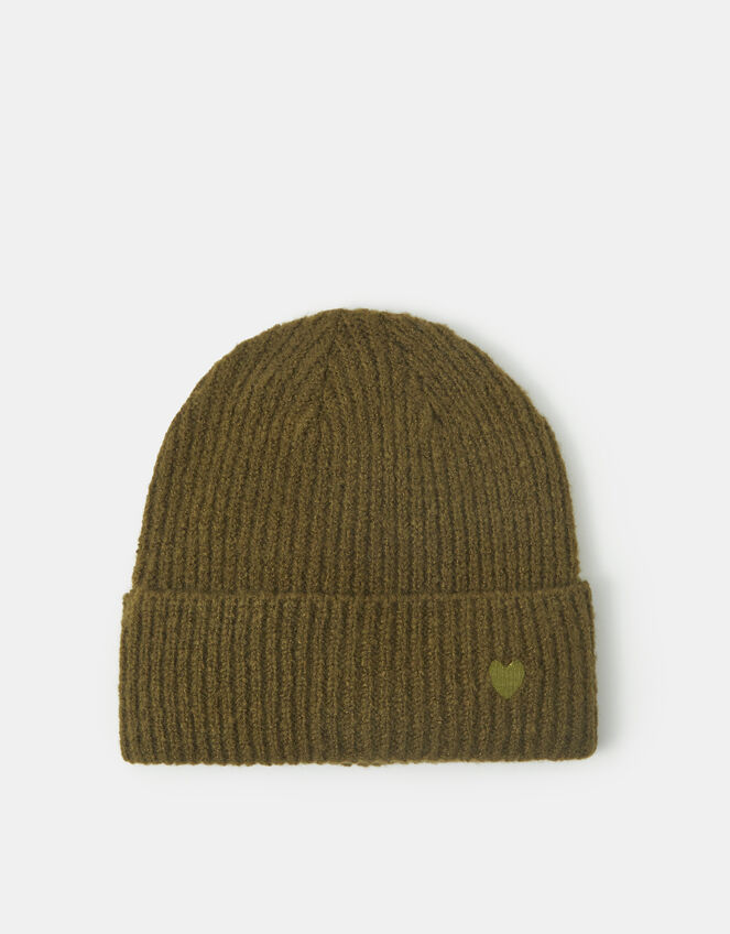 Heart Embroidered Beanie Hat, Green (OLIVE), large