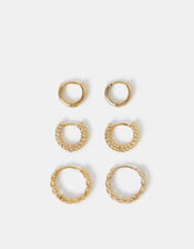3-Pack 14ct Gold-Plated Twist Clicker Hoop Earrings, , large