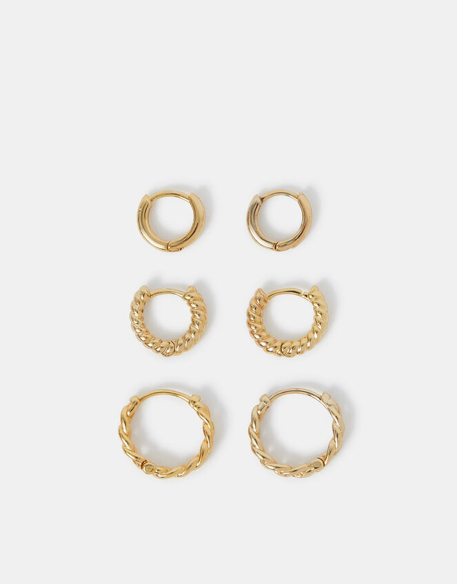 3-Pack 14ct Gold-Plated Twist Clicker Hoop Earrings, , large