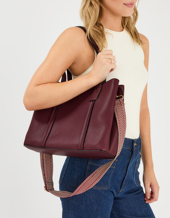 Webbing Strap Faux Leather Shoulder Bag, Red (BURGUNDY), large