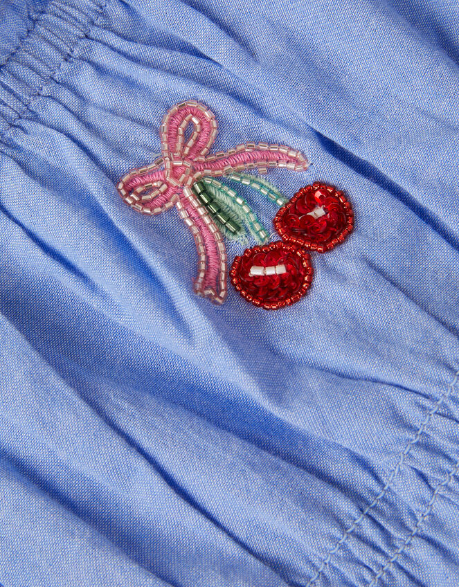 Girls Cherry Embroidered Playsuit, Blue (BLUE), large