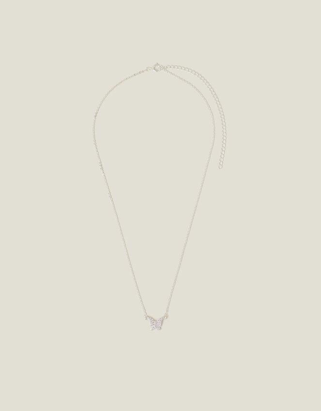 Sterling Silver-Plated Diamante Butterfly Pendant Necklace, , large