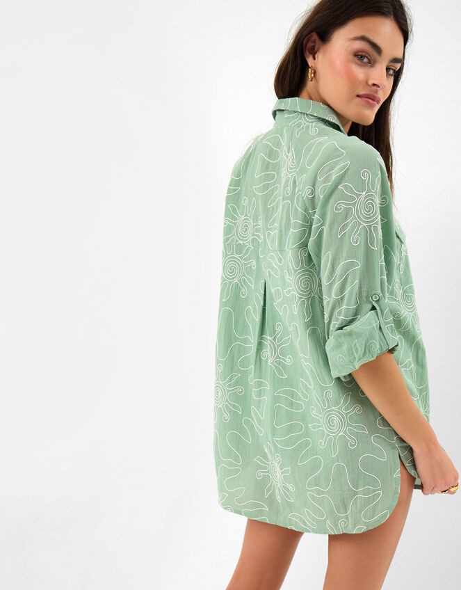 Sun Embroidered Beach Cover Up Shirt, Green (GREEN), large