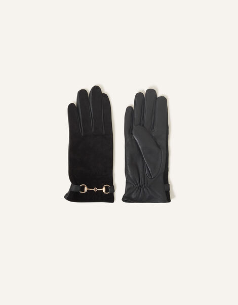 Leather Horsebit Gloves, Black (BLACK), large