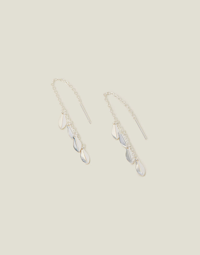 Sterling Silver-Plated Leaf Drop Threader Earrings , , large