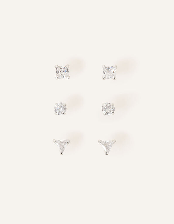 Sterling Silver Crystal Studs Set of Three, , large
