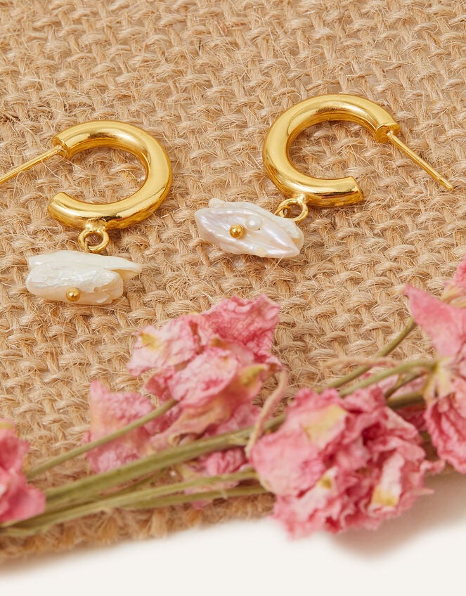 14ct Gold-Plated Keshi Pearl Hoop Earrings, , large