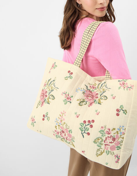 Embroidered Quilted Shopper Bag, , large