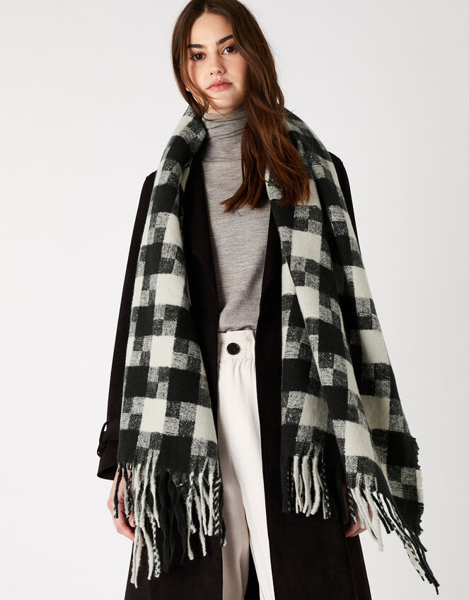 Luna Monochrome Check Blanket Scarf, , large