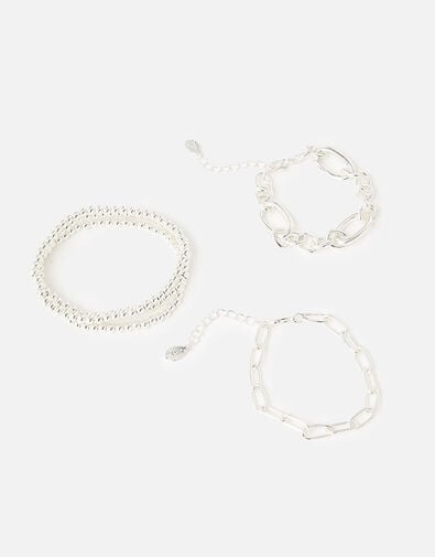 Chain and Stretch Beaded Bracelets 5 Pack, Silver (SILVER), large