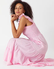 Ruffle Strap Gingham Tiered Dress, Pink (PINK), large