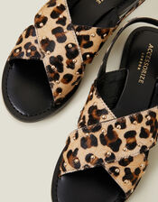 Leopard Print Cross Strap Leather Sandals, Leopard (LEOPARD), large