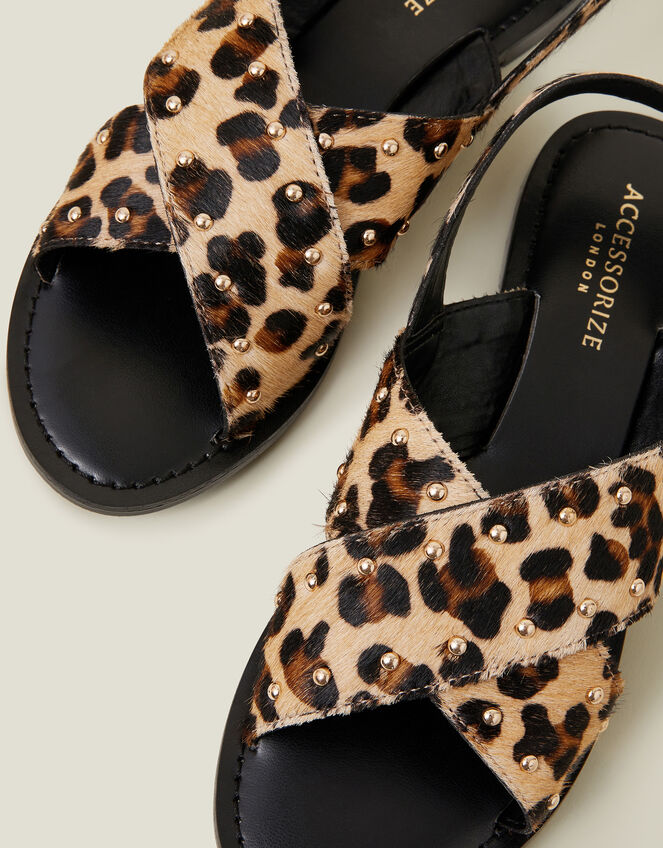 Leopard Print Cross Strap Leather Sandals, Leopard (LEOPARD), large