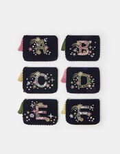 Embellished Initial Velvet Pouch, Blue (NAVY), large