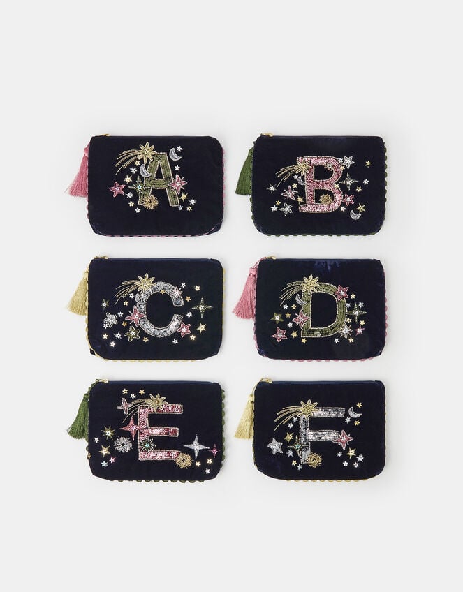 Embellished Initial Velvet Pouch, Blue (NAVY), large