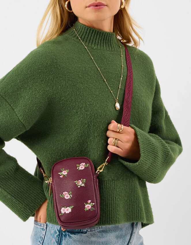 Floral Embroidered Phone Bag, , large