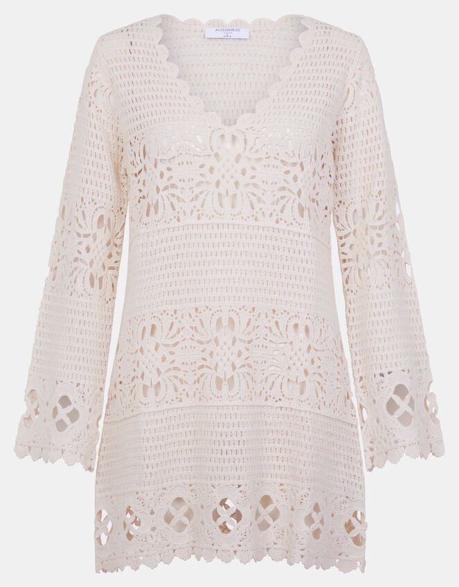 Crochet Long Sleeve Cover Up, Natural (NATURAL), large