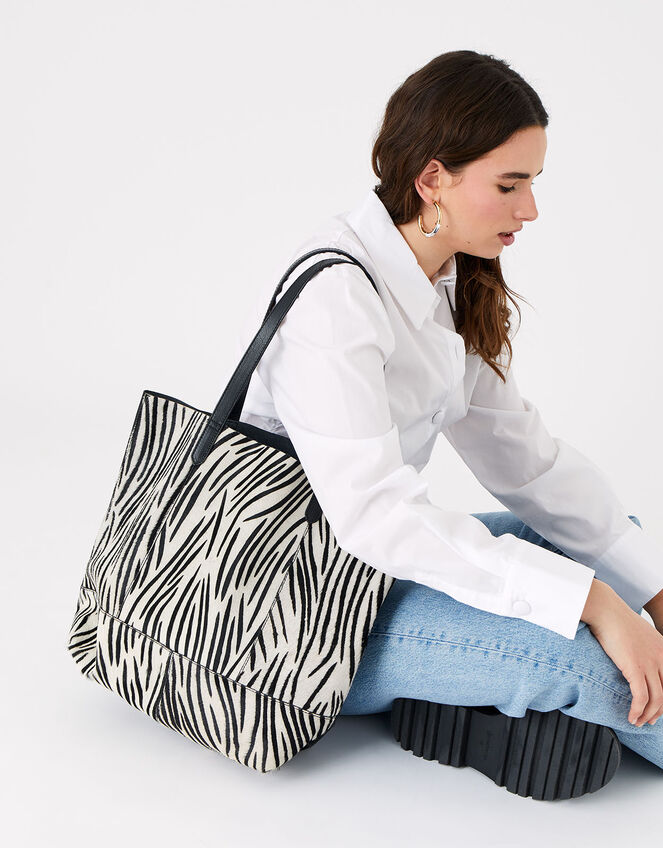 Zebra Leather Shopper Bag , , large