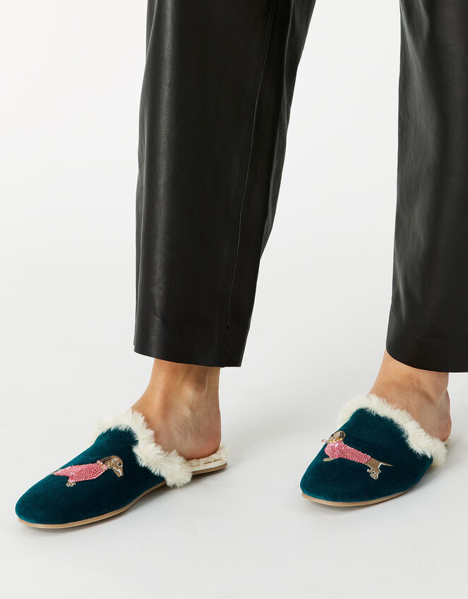 Embroidered Sausage Dog Velvet Slippers, Multi (DARKS-MULTI), large