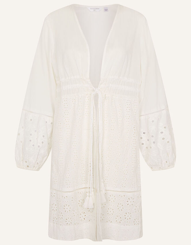 Broderie Tie Front Kimono, White (WHITE), large