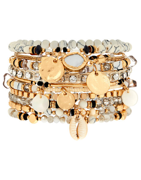 Shell and Sparkle Stretch Bracelet Set, Multi (DARKS-MULTI), large