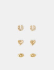 3-Pack 14ct Gold-Plated I Love U Stud Earrings, , large
