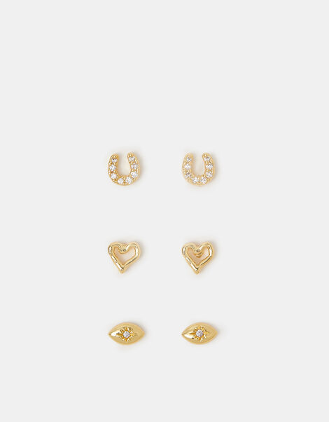 3-Pack 14ct Gold-Plated I Love U Stud Earrings, , large