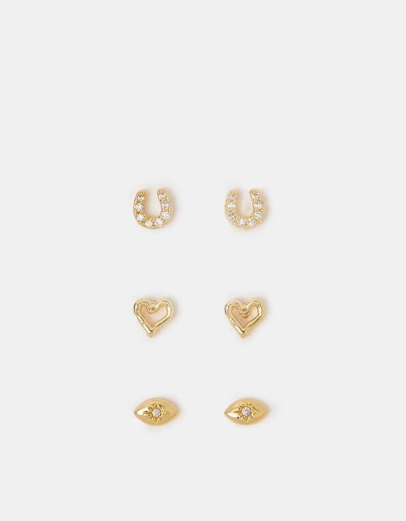 3-Pack 14ct Gold-Plated I Love U Stud Earrings, , large