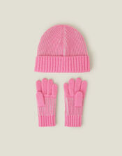 Girls Chunky Knit Beanie Hat and Gloves Set, Pink (PINK), large