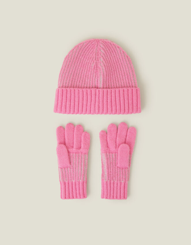 Girls Chunky Knit Beanie Hat and Gloves Set, Pink (PINK), large