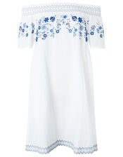 Kaylee Off-Shoulder Embroidered Dress in Pure Cotton, White (WHITE), large