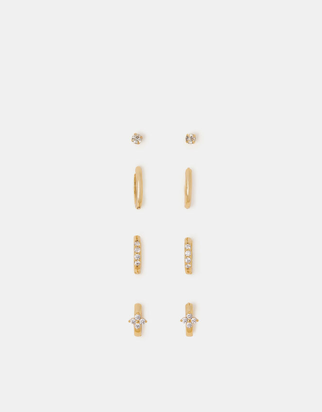 4-Pack 14ct Gold-Plated Stud & Huggie Hoop Earrings, , large