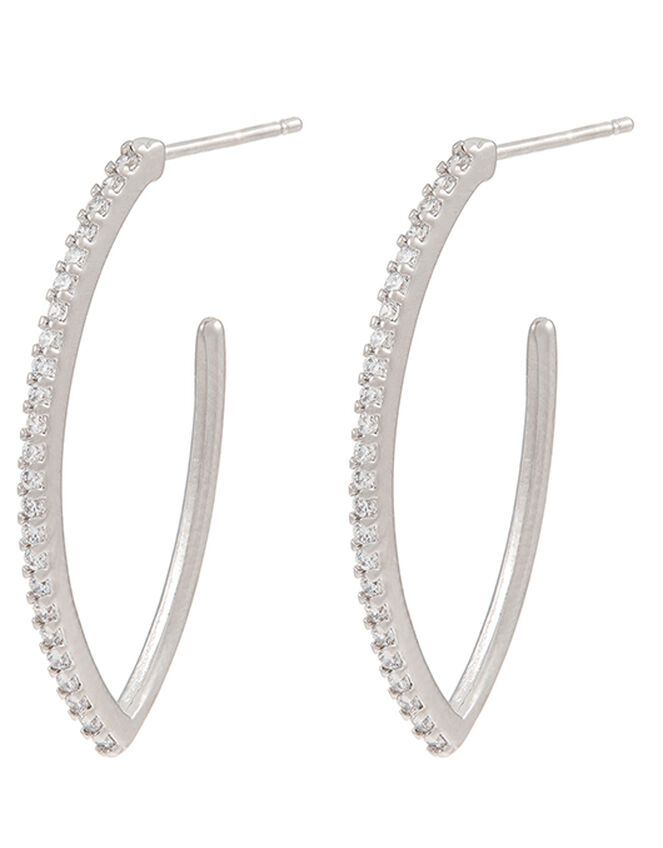 Platinum-Plated Diamante Leaf Hoop Earrings, , large