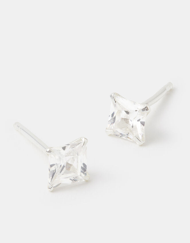 Sterling Silver Princess Cut Stud Earrings, , large