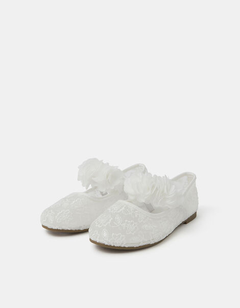 Girls Mesh Lace Flower Strap Ballet Flats, Ivory (IVORY), large
