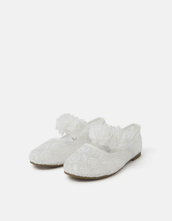 Girls Mesh Lace Flower Strap Ballet Flats, Ivory (IVORY), large