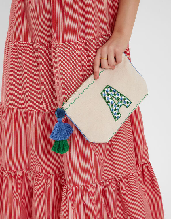 Initial Beaded Make Up Bag, Natural (NATURAL), large