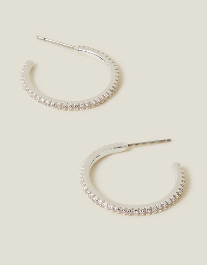 Sterling Silver-Plated Medium Sparkle Hoops, , large