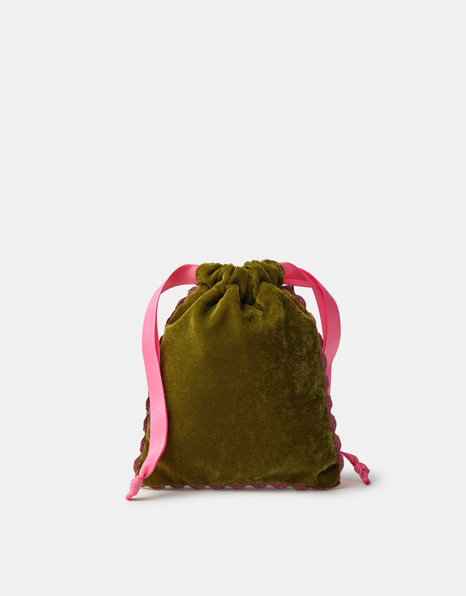Embellished Initial Velvet Drawstring Bag, Green (OLIVE), large