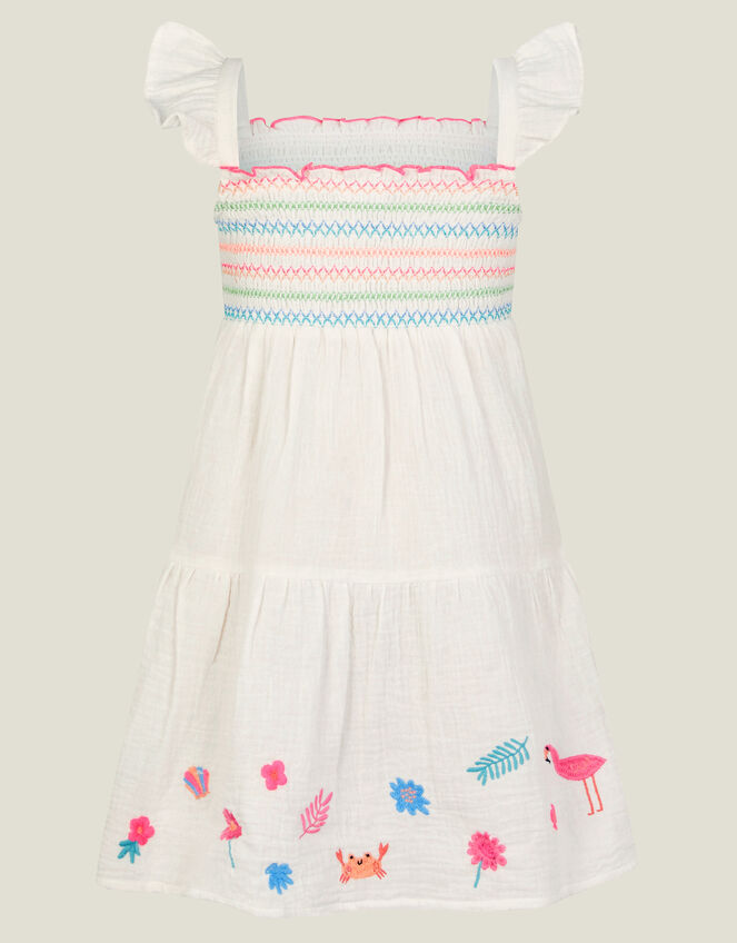Girls Floral Embroidered Dress, White (WHITE), large