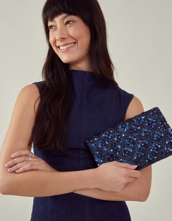 Metallic Embellished Clutch Bag, Blue (NAVY), large