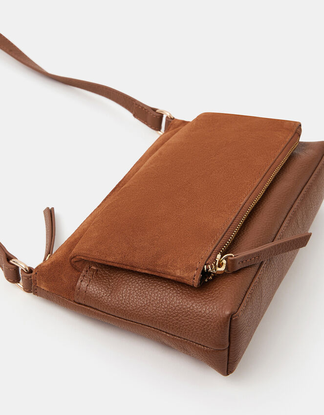 Fold Over Zip Leather Crossbody Bag, Tan (TAN), large