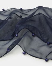 Pearl-Edged Sheer Scarf, Blue (NAVY), large