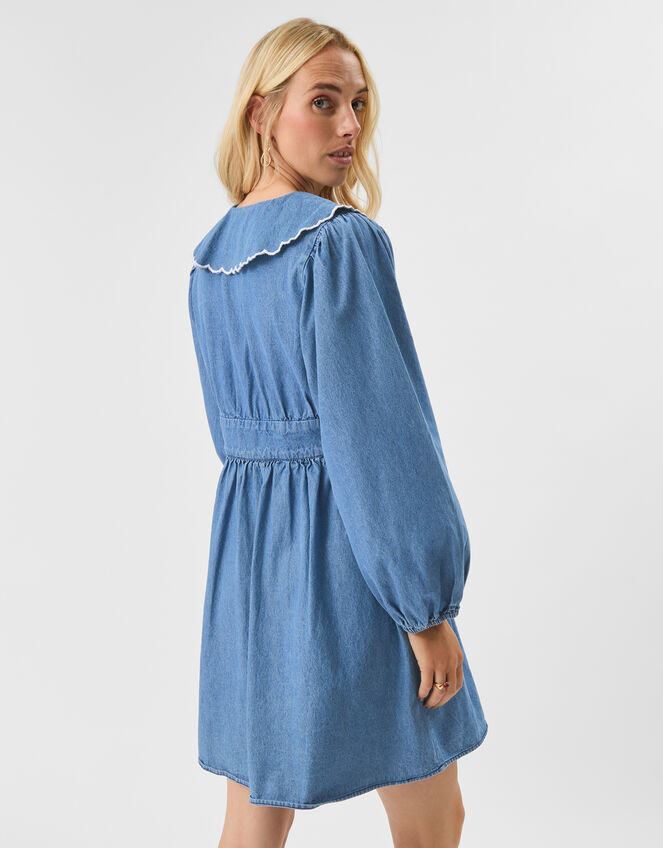 Embroidered Collar Denim Mini Dress, DENIM, large
