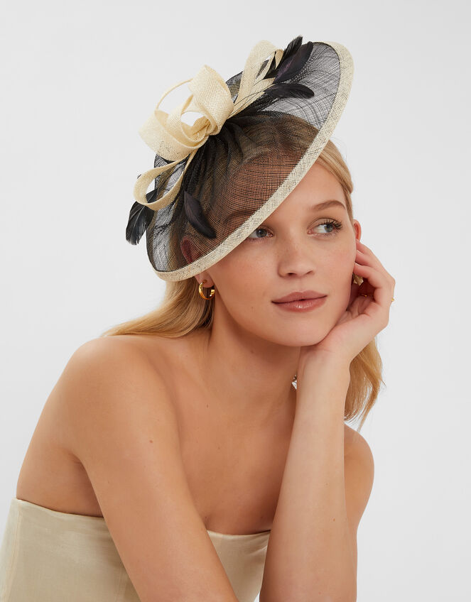 Woven Bow Feather Disc Fascinator, Black (BLACK WHITE), large
