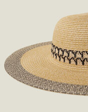 Patterned Trim Floppy Straw Sun Hat, , large