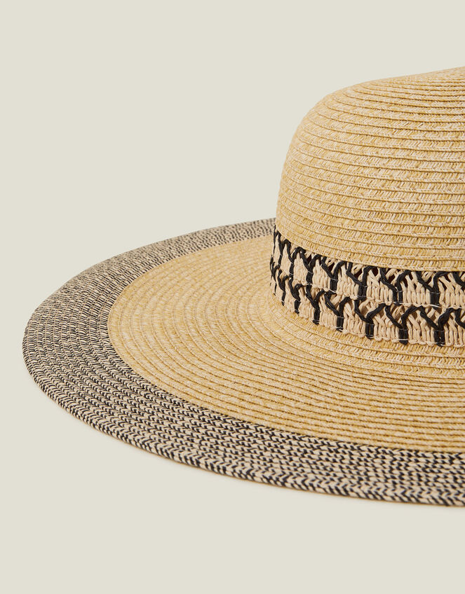 Patterned Trim Floppy Straw Sun Hat, , large