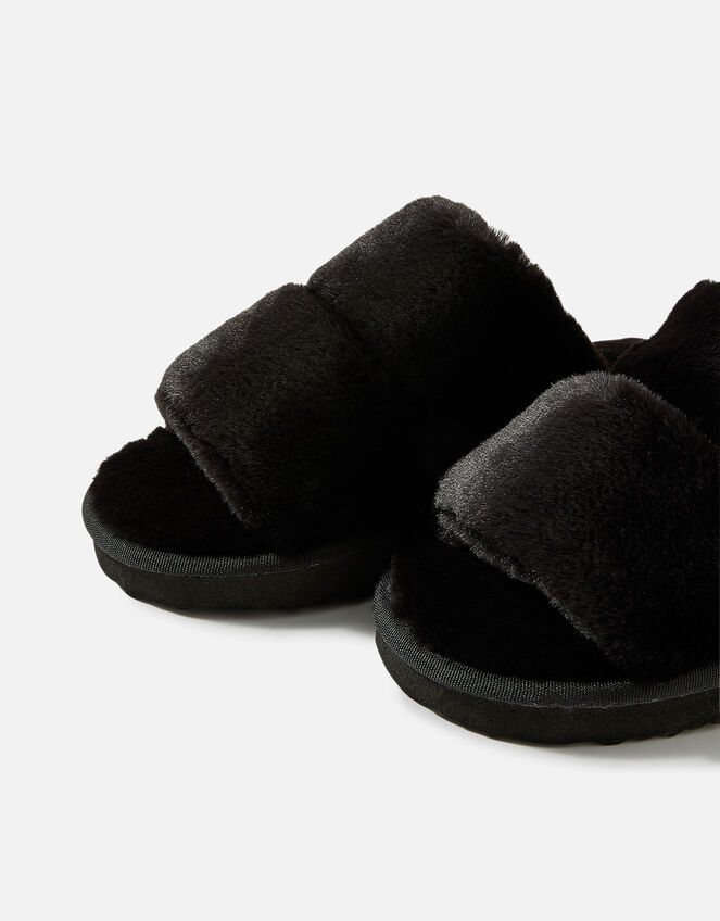 Platform Faux Fur Double Band Sliders, Black (BLACK), large