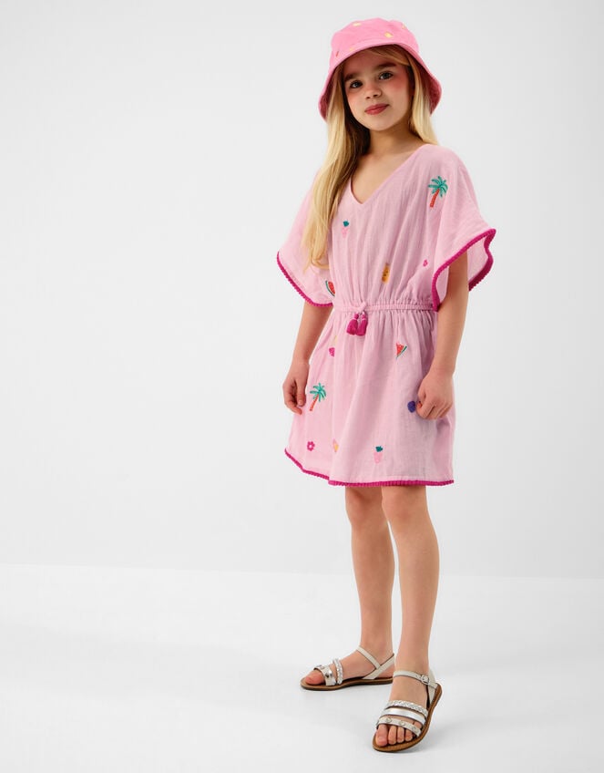 Girls Fruit Embroidered Cotton Kaftan, Pink (PINK), large